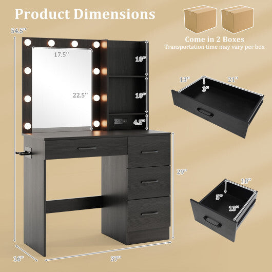 Vanity Desk with 3-Color Lights and Power Outlets-Black