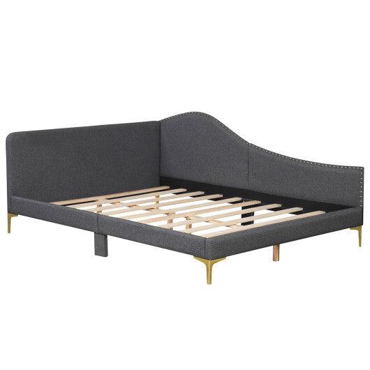 Full/Twin Size Rivet-Tufted Platform Bed with Metal Legs and Wood Slats-Twin Size