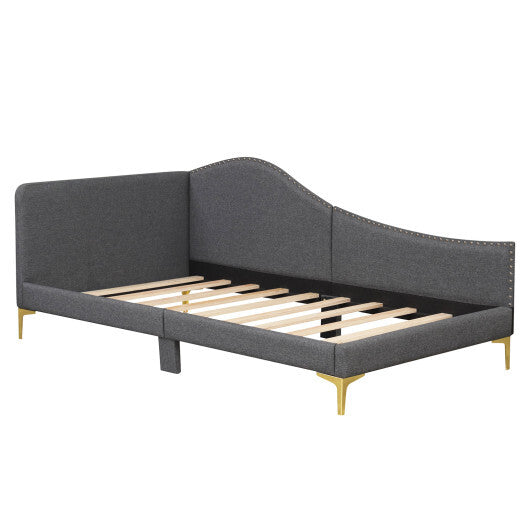 Full/Twin Size Rivet-Tufted Platform Bed with Metal Legs and Wood Slats-Twin Size