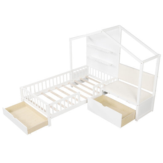 Twin Size House Bed Kids Platform Bed with Padded Bench-White W2B