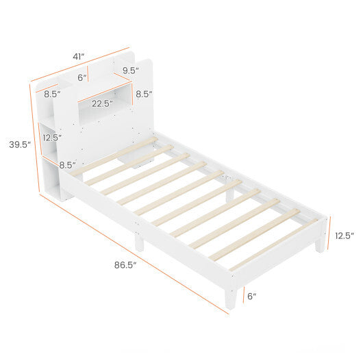 Twin Size Wooden Platform Bed Frame with Bookcase Headboard-White