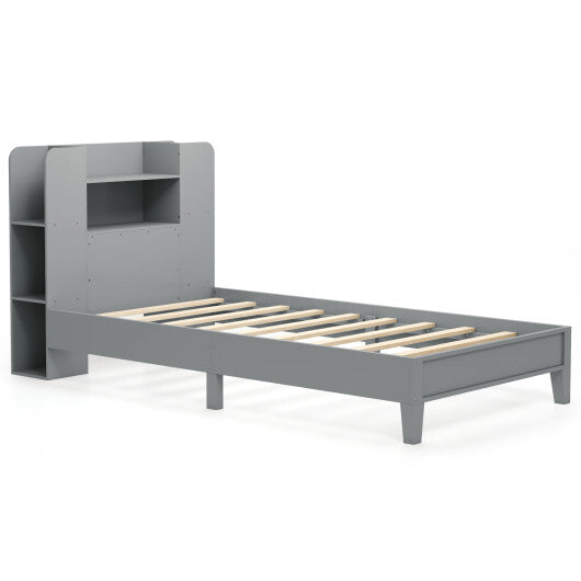 Twin Size Wooden Platform Bed Frame with Bookcase Headboard-White