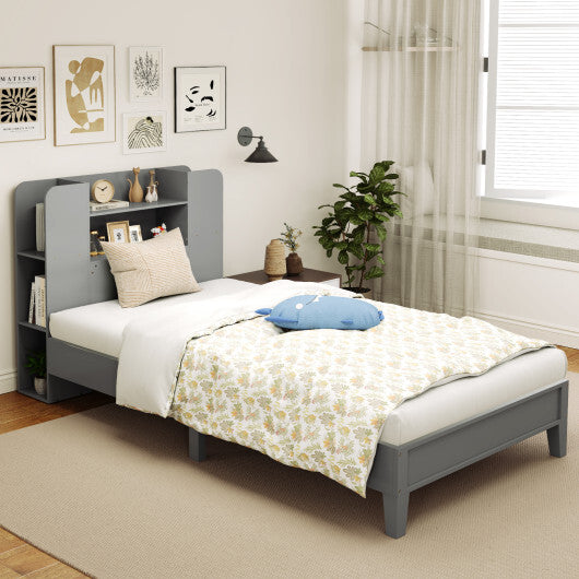 Twin Size Wooden Platform Bed Frame with Bookcase Headboard-White