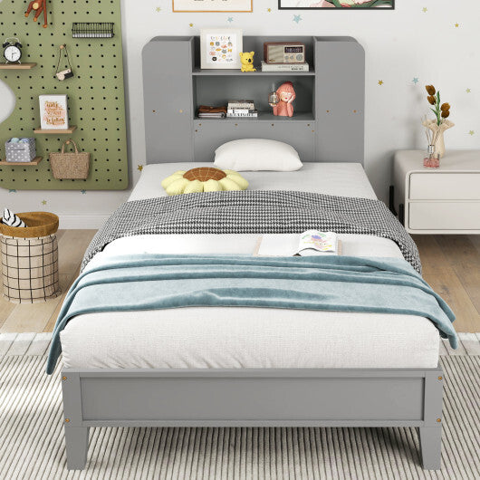 Twin Size Wooden Platform Bed Frame with Bookcase Headboard-White