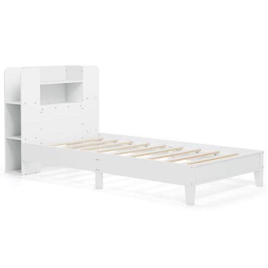 Twin Size Wooden Platform Bed Frame with Bookcase Headboard-White