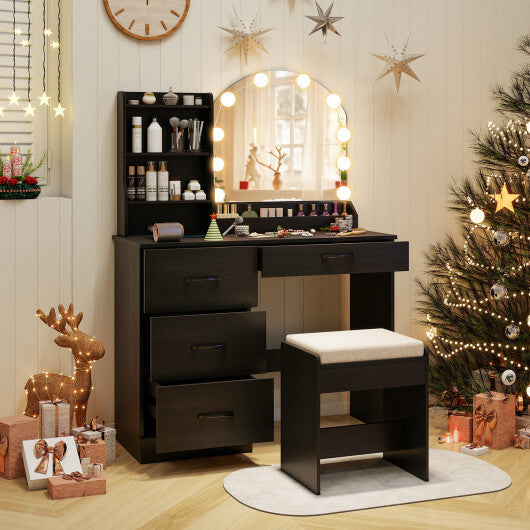 Makeup Vanity Desk Dressing Table and Stool Set with Mirror and Lights-Black