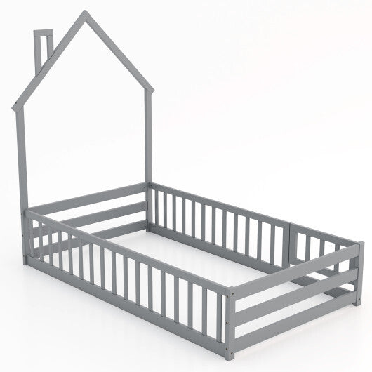 Twin Size Montessori Floor Bed with Lockable Door and Full-Length Guardrail-Gray W2B