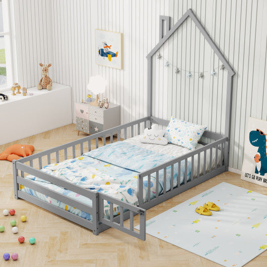 Twin Size Montessori Floor Bed with Lockable Door and Full-Length Guardrail-Gray W2B