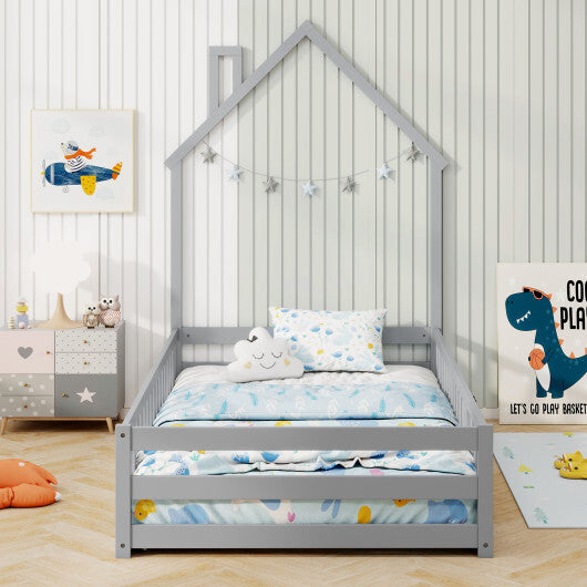 Twin Size Montessori Floor Bed with Lockable Door and Full-Length Guardrail-Gray W2B