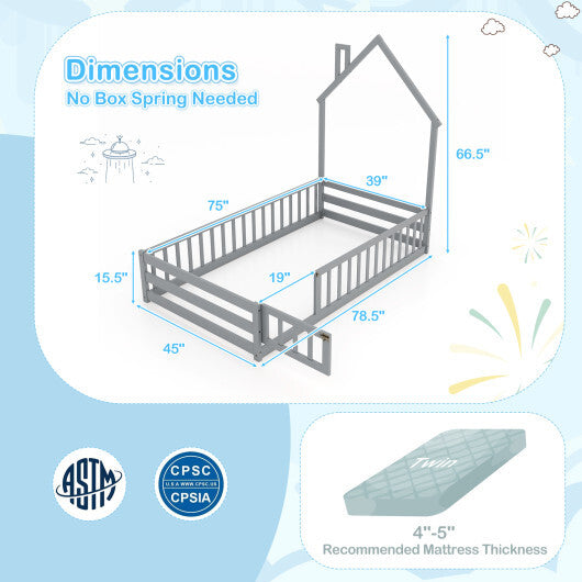 Twin Size Montessori Floor Bed with Lockable Door and Full-Length Guardrail-Gray W2B