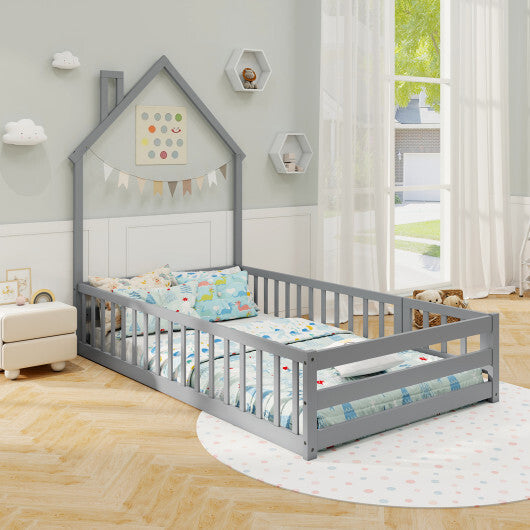 Twin Size Montessori Floor Bed with Lockable Door and Full-Length Guardrail-Gray W2B
