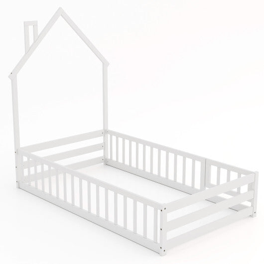 Twin Size Montessori Floor Bed with Lockable Door and Full-Length Guardrail-Gray W2B