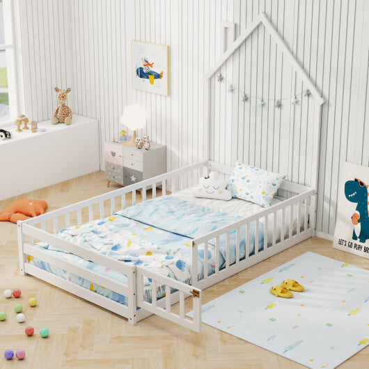 Twin Size Montessori Floor Bed with Lockable Door and Full-Length Guardrail-Gray W2B