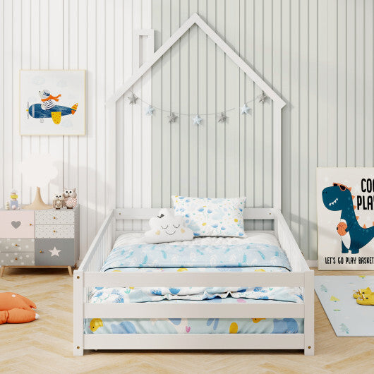 Twin Size Montessori Floor Bed with Lockable Door and Full-Length Guardrail-Gray W2B