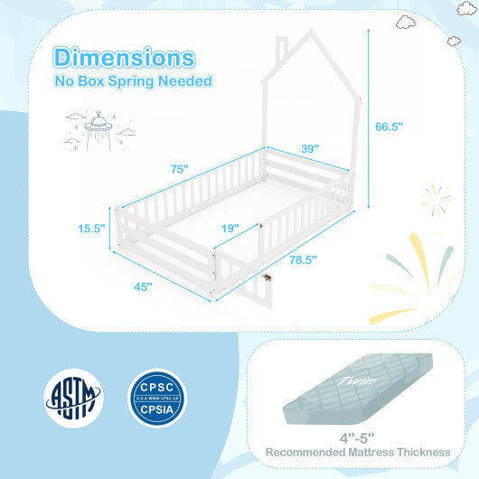 Twin Size Montessori Floor Bed with Lockable Door and Full-Length Guardrail-Gray W2B