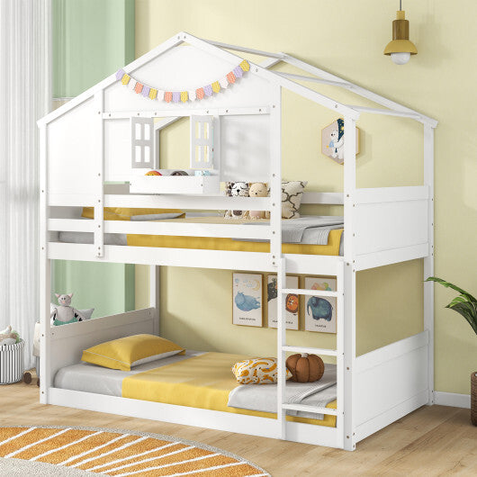 Twin Over Twin Bunk Bed for Kids with Roof and Lockable Window-White