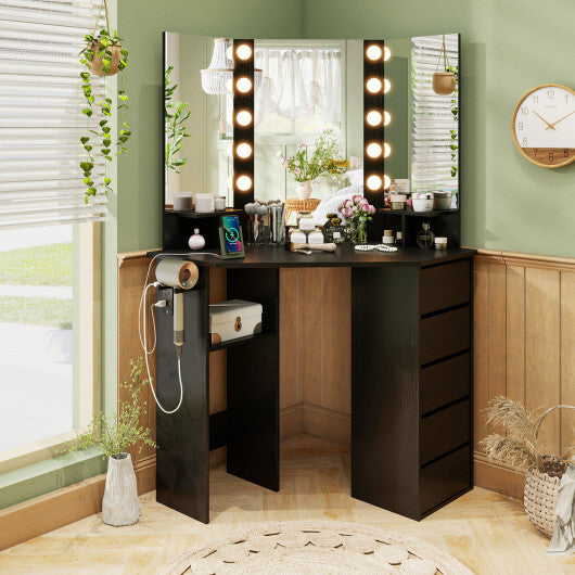 Corner Vanity Desk with 3-Color LED Lighted Mirror and Power Outlet-White W2B