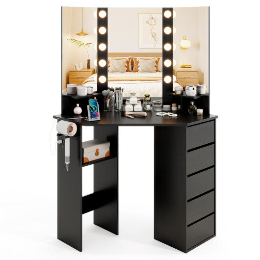 Corner Vanity Desk with 3-Color LED Lighted Mirror and Power Outlet-White W2B