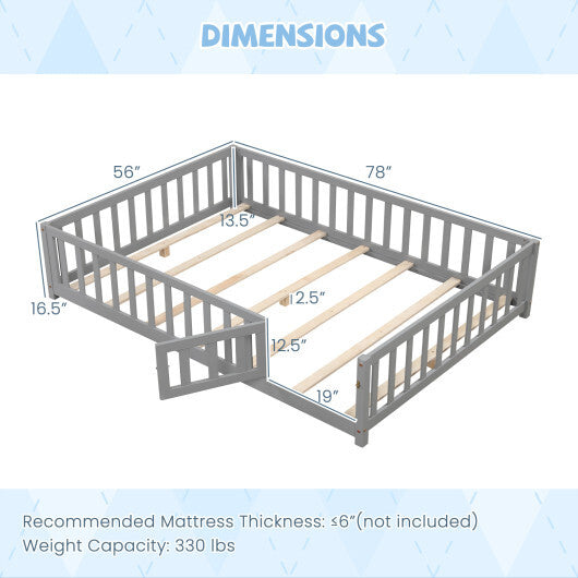 Montessori Bed Frame with Full-length Guardrails Safety Door and Latch-Gray