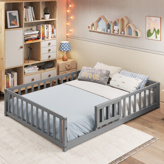 Montessori Bed Frame with Full-length Guardrails Safety Door and Latch-Gray