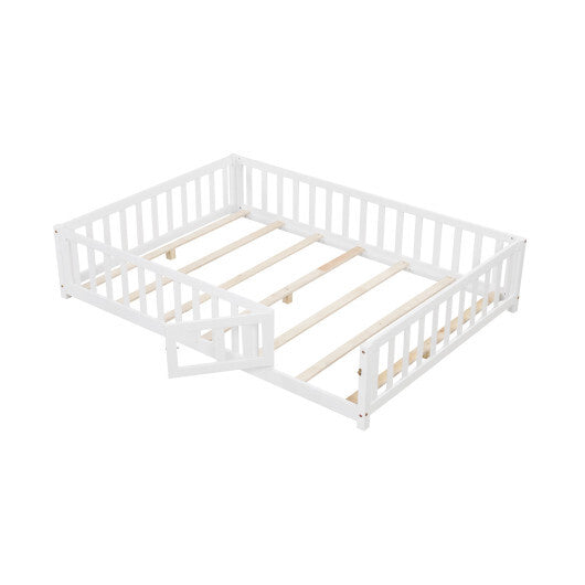 Montessori Bed Frame with Full-length Guardrails Safety Door and Latch-Gray