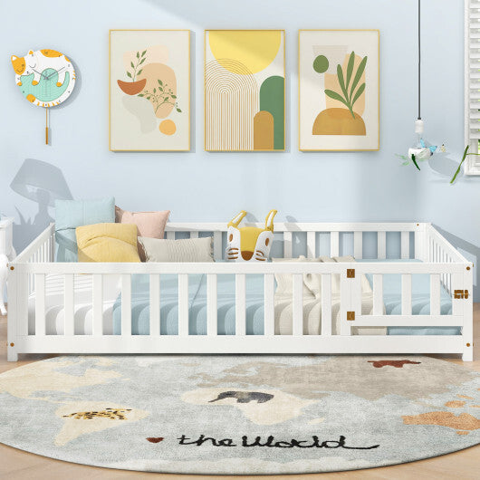 Montessori Bed Frame with Full-length Guardrails Safety Door and Latch-Gray