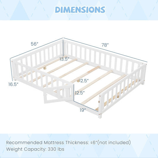 Montessori Bed Frame with Full-length Guardrails Safety Door and Latch-Gray
