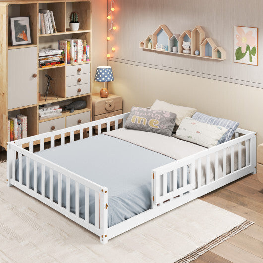 Montessori Bed Frame with Full-length Guardrails Safety Door and Latch-Gray