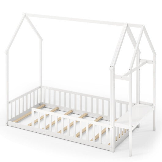 Twin House Floor Bed Montessori Bed Frame with Storage Shelf-White