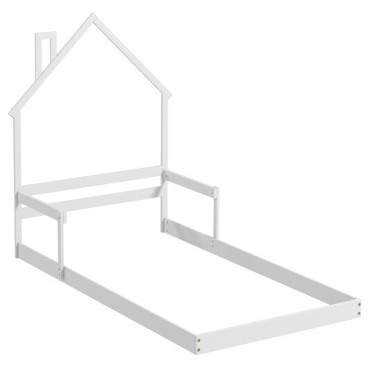 Twin Size Floor Bed with Chimney and Headboard and Handrail-White
