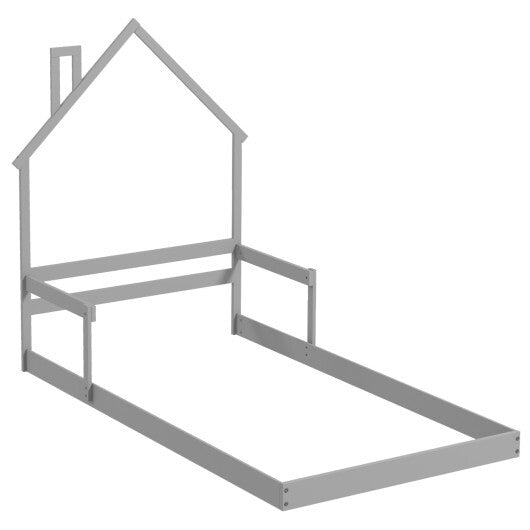 Twin Size Floor Bed with Chimney and Headboard and Handrail-White