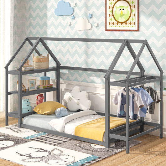 Twin Size Montessori Floor House Bed with Detachable Storage Shelves-Grey