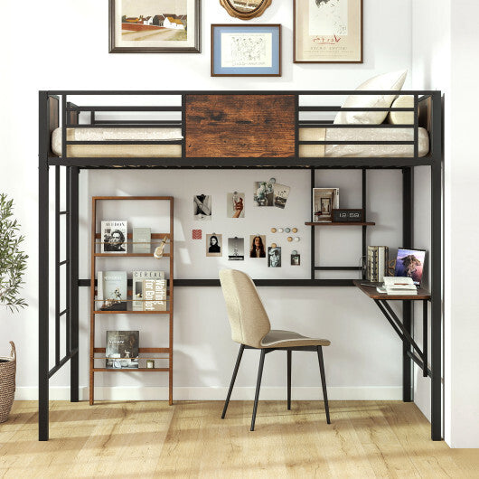 Space-Saving Twin Loft Bed with Safety Guardrail and Ladder-Coffee