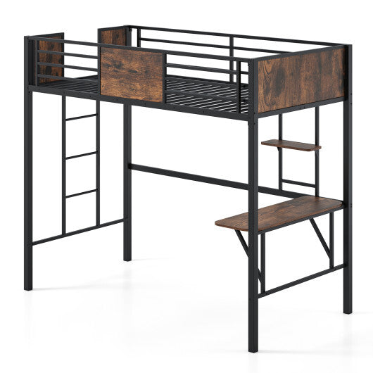 Space-Saving Twin Loft Bed with Safety Guardrail and Ladder-Coffee