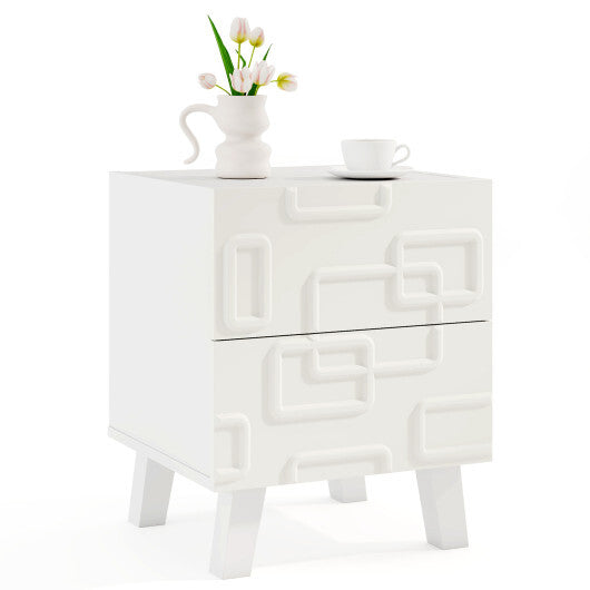 Modern Nightstand Side Table with Drawers and 3D Geometric Patterns-White