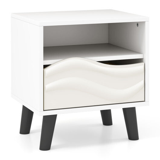 Nightstand Mid Century Modern Bedside Table with 3D Wavy Pattern and Open Shelf-White W2B