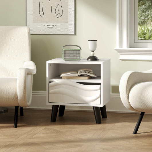 Nightstand Mid Century Modern Bedside Table with 3D Wavy Pattern and Open Shelf-White W2B