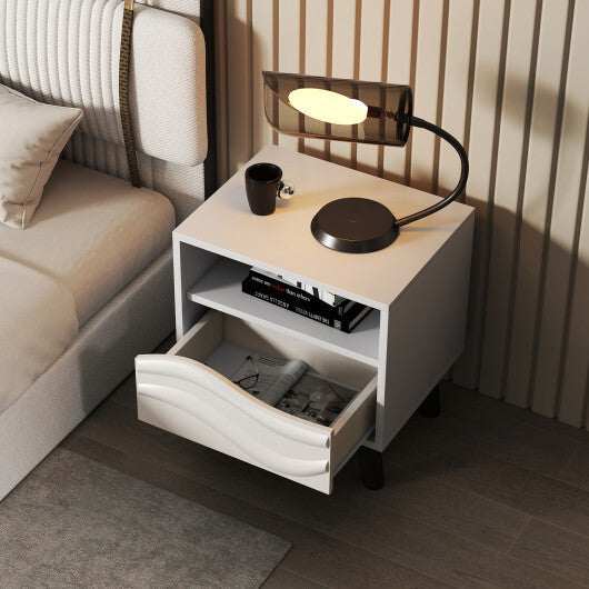 Nightstand Mid Century Modern Bedside Table with 3D Wavy Pattern and Open Shelf-White W2B