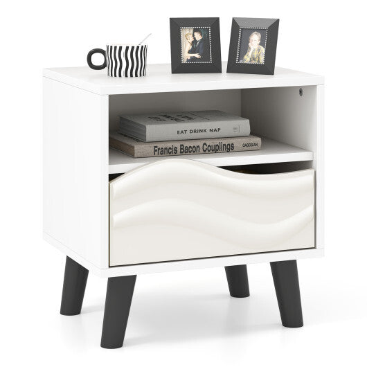 Nightstand Mid Century Modern Bedside Table with 3D Wavy Pattern and Open Shelf-White W2B