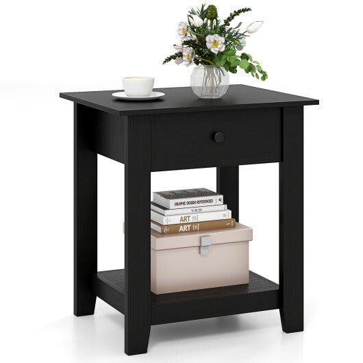 Nightstand with Drawer 3-Tier Modern Bedside Table with Open Shelf and Storage-Black W2B