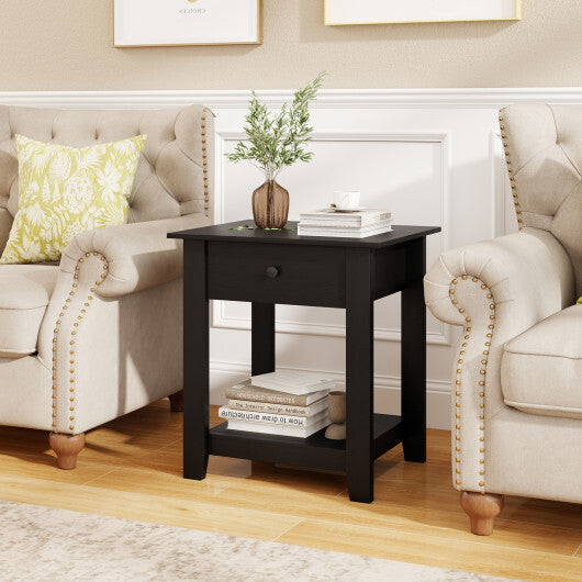 Nightstand with Drawer 3-Tier Modern Bedside Table with Open Shelf and Storage-Black W2B