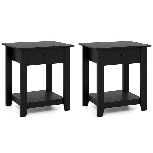 Set of 2 Nightstand with Drawer 3-Tier Modern Bedside Table with Open Shelf and Storage-Black