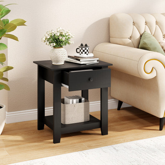 Set of 2 Nightstand with Drawer 3-Tier Modern Bedside Table with Open Shelf and Storage-Black