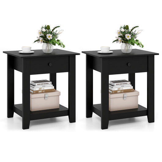 Set of 2 Nightstand with Drawer 3-Tier Modern Bedside Table with Open Shelf and Storage-Black