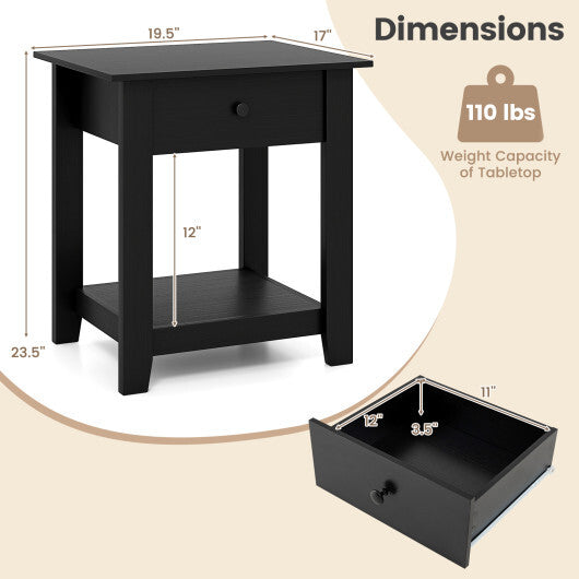 Set of 2 Nightstand with Drawer 3-Tier Modern Bedside Table with Open Shelf and Storage-Black