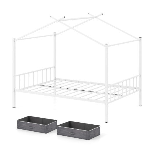 Full Size Metal House Bed with 2 Fabric Drawers for Kids-Black