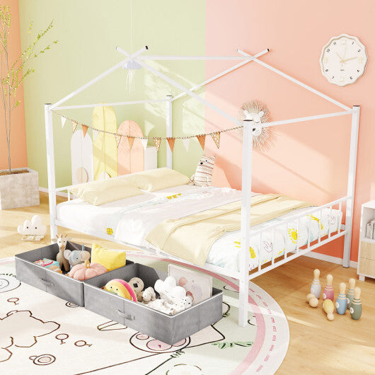 Full Size Metal House Bed with 2 Fabric Drawers for Kids-Black