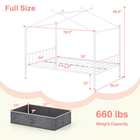 Full Size Metal House Bed with 2 Fabric Drawers for Kids-Black