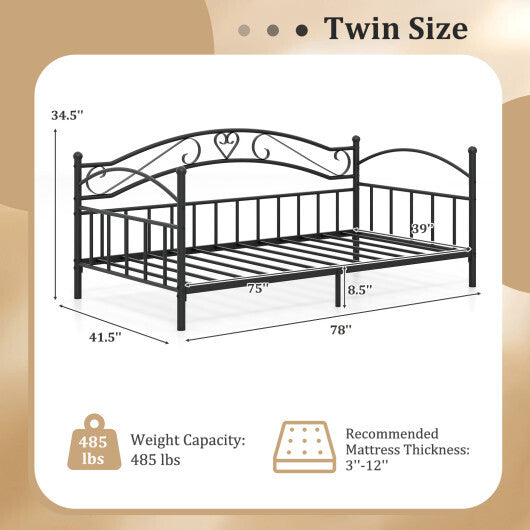 Twin Size Metal Daybed Frame with Headboard for Bedroom-Black