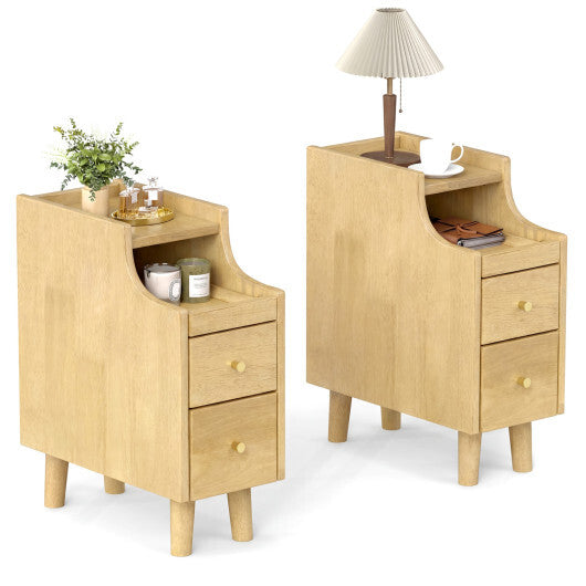 Set of 2 Solid Wood Night Side Table with Pull-out Tray and 2 Storage Drawers-Natural W2B